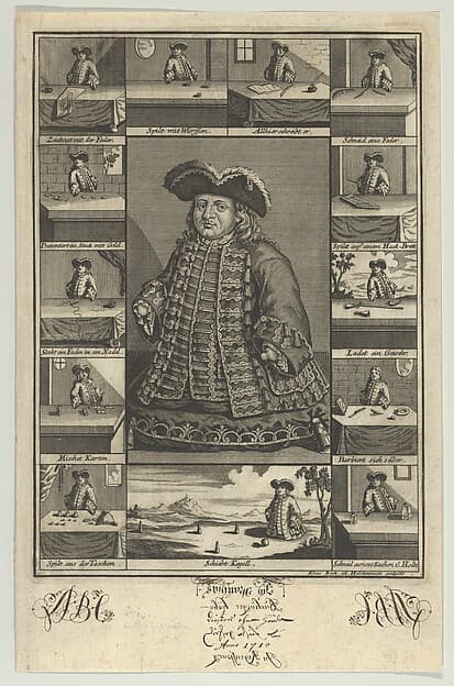 Portrait of Matthias Buchinger Surrounded by Thirteen Vignettes, by Elias Baeck