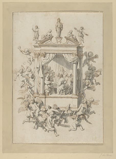 A Group of Men and Women Playing Chamber Music Within a Portico, Surmounted by Statues of Apollo and Female Figures, and Surrounded by Putti, by Jan de Bray