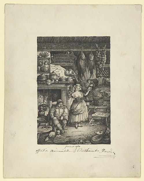 Peasants' interior with spinner, by Rodolphe Bresdin