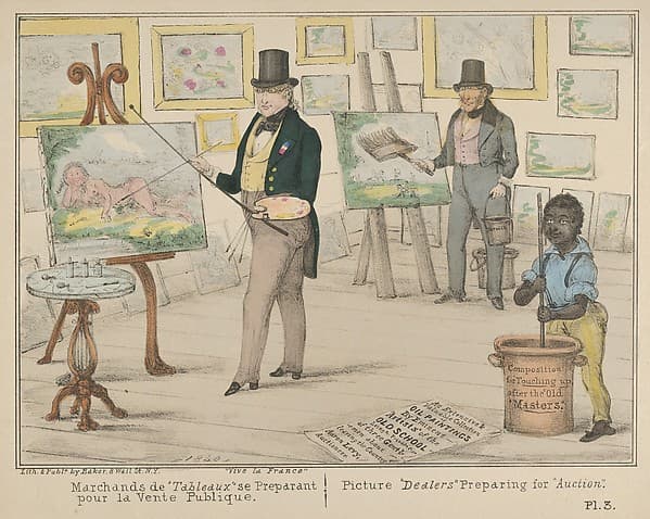 Vive la France, Marchands de "Tableaux" se Preparant pour la Vente Publique / Picture "Dealers" Preparing for "Auction", by Alfred E. Baker