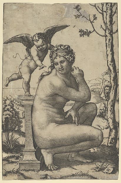 Venus crouching by a plinth on top of which stands Cupid, by Marcantonio Raimondi