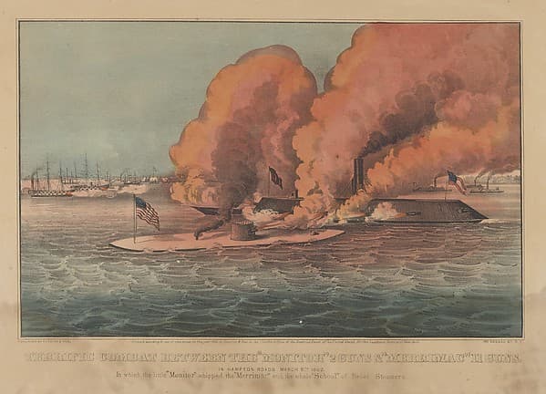 Terrific Combat Between the "Monitor" 2 Guns & "Merrimac" 11 Guns – In Hampton Roads March 9th, 1862 – In which the little "Monitor" whipped the "Merrimac" and the whole "School" of Rebel Steamers, by Currier & Ives