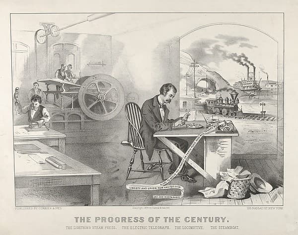 The Progress of the Century – The Lightning Steam Press. The Electric Telegraph. The Locomotive. The Steamboat., by Currier & Ives