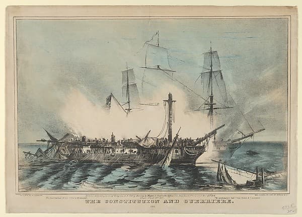 The Constitution and Guerriere Fought August 19th, 1812: The Guerriere had 15 men killed and 63 wounded. The Constitution had 7 men killed and 7 wounded, by Nathaniel Currier