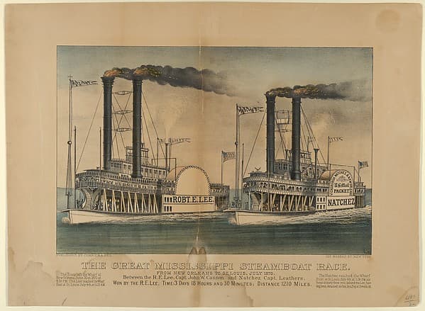The Great Mississippi Steamboat Race–From New Orleans to St. Louis, July 1870–Between the R.E. Lee, Captain John W. Cannon and Natchez Captain Leathers–Won by the R.E. Lee, Time: 3 Days 18 Hours and 30 Minutes; Distance 1210 Miles., by Currier & Ives
