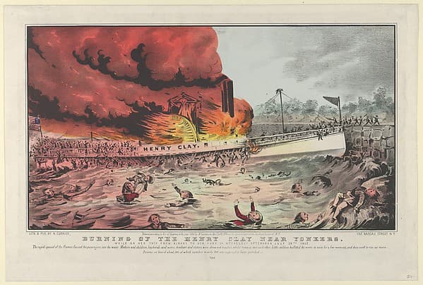 Burning of the Henry Clay Near Yonkers–While on Her Trip From Albany to New York on Wednesday Afternoon July 28th, 1852.–The rapid spread of the flames forced the passengers into the water. Mothers and children, husbands and wives, brothers and sisters were drowned together, whilst trying to save each other. Little children buffetted the waves in vain for a few moments, and then sunk to rise no more. Persons on board about 500, of which number nearly 100 are supposed to have perished., by Nathaniel Currier
