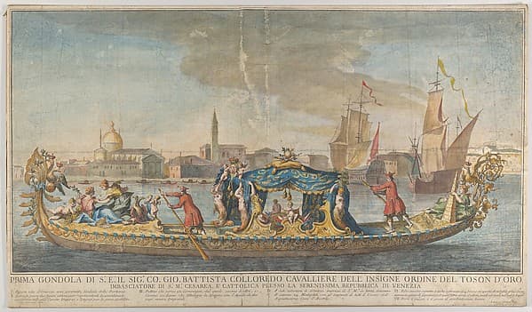 The highly ornamented first gondola of Ambassador Giovanni Battista Colloreado entering Venice, by Giovanni Antonio Faldoni