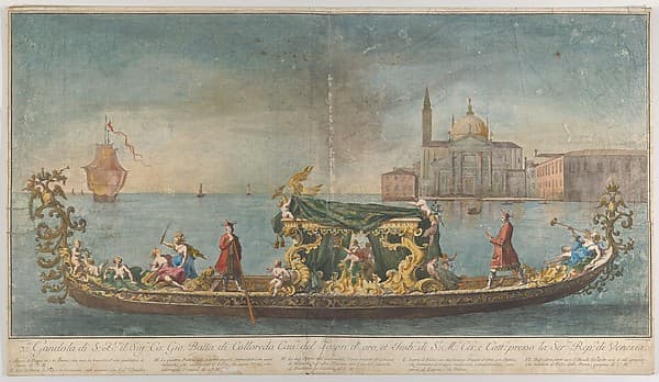 The highly ornamented second gondola of Ambassador Giovanni Battista Colloreado entering Venice, by Giovanni Antonio Faldoni