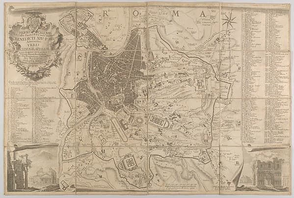 Plan of ancient Rome with a view of the Pantheon lower left and a triumphal arch lower right, by Carlo Nolli