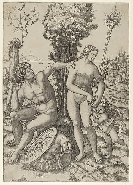 Mars seated at the left, his left hand on Venus's shoulder, cupid beside her at the right, by Marcantonio Raimondi