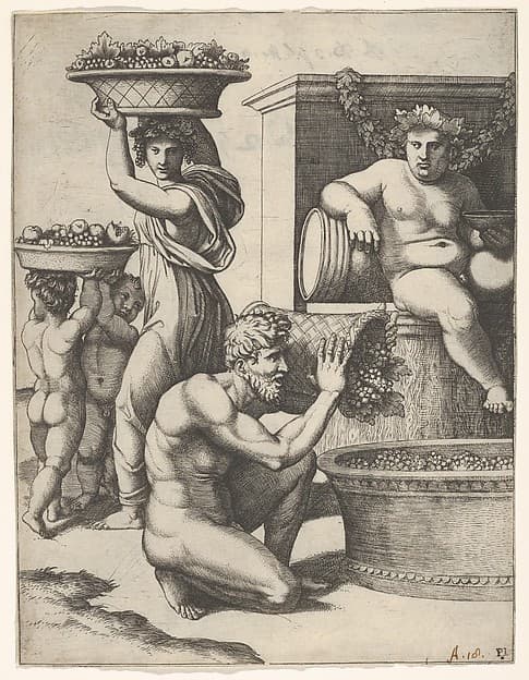 The Vintage; a man pouring grapes from a basket into a vat, above Bacchus sitting, other figures at left, by Marcantonio Raimondi