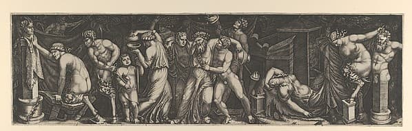 A Bacchanal, Silenus supported by two bacchants in the centre, at right a female satyr reclining on a bed and another pulling the horns on a statue of Priapus, various other figures fill the composition, by Marcantonio Raimondi