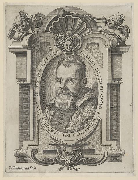 Portrait of Galileo Galilei set within an elaborate cartouche, by Francesco Villamena