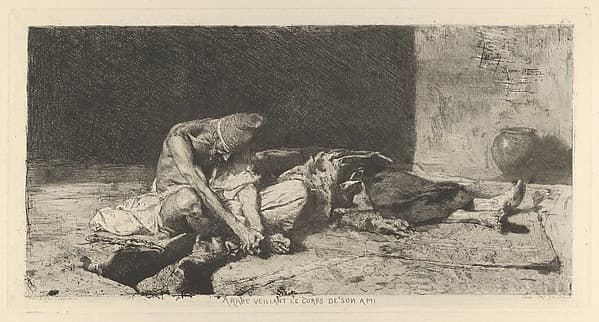 An Arabic man keeping watch over the dead body of his friend, by Mariano Fortuny, 1838–1874