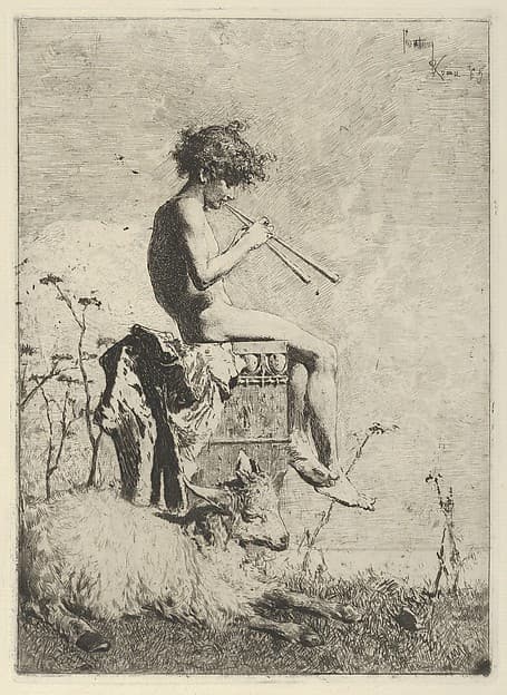 Idyll: a naked youth seated outdoors on a plinth playing a double flute, a goat on the ground before him, by Mariano Fortuny, 1838–1874