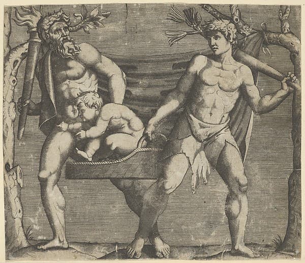 Two Fauns Carrying a Child, by Anonymous, Italian, 16th to early 17th century
