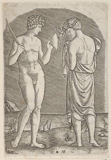A naked man at left showing an axe to a woman at right, by Marcantonio Raimondi
