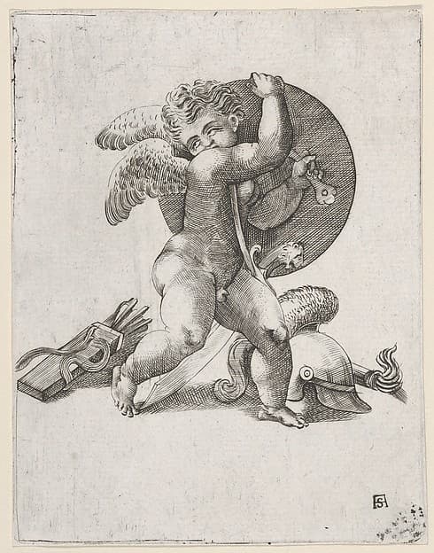 Cupid with Weapons of Mars, by Adamo (Ghisi) Scultori