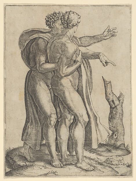 Two naked men, the sons of Noah, standing in profile facing right, both pointing, by Marcantonio Raimondi
