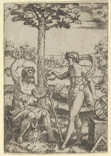 Seated old shepherd gesturing towards the sky and speaking to nude male surrounded by tools of measurement, by Marcantonio Raimondi