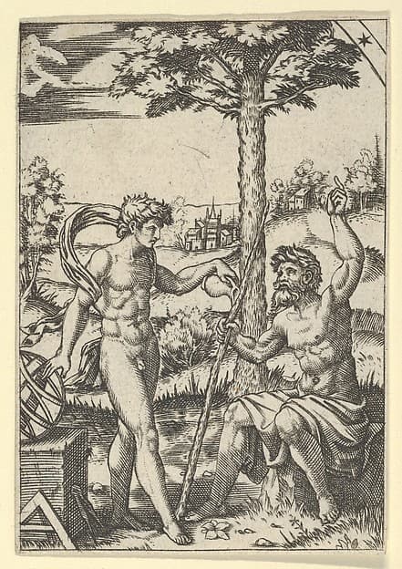 Seated old shepherd gesturing towards the sky and speaking to nude male surrounded by tools of measurement, by Anonymous