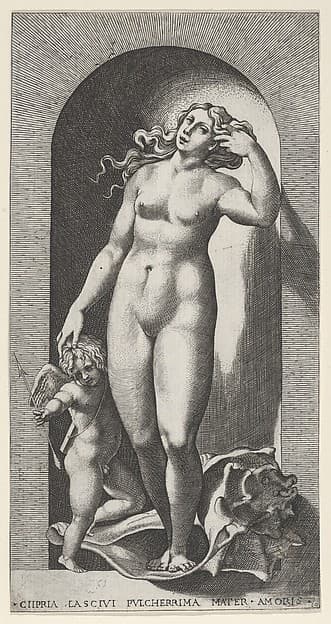 Plate 10: Venus in a niche, standing on a conch shell, with Cupid to her right, from "Mythological Gods and Goddesses", by Giovanni Jacopo Caraglio