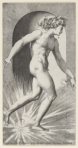 Plate 11: Apollo riding his chariot in a niche, facing right, from "Mythological Gods and Goddesses", by Giovanni Jacopo Caraglio