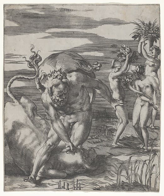 Hercules defeating the river god Acheolus in the form of a bull, with three women to his left holding cornucopias, from "Herculean Subjects", by Giovanni Jacopo Caraglio