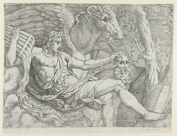 Apollo holding pipes in his right hand accompanied by Pegasus, by Angiolo Falconetto