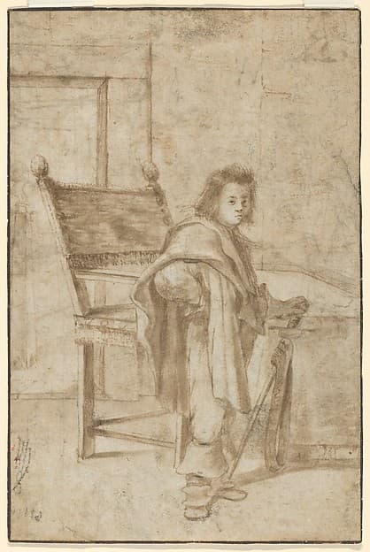 Boy Holding a Sword, Standing near a Table in an Interior (recto); Various Sketches of Figures and Ornamental Forms (verso), by Anonymous, Dutch, 17th century