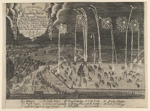 A faithful representation of the fireworks display presented by Johann Müller as proof of his Mastership, Johannis Schiessplatz, Nuremberg, 1659, by Anonymous