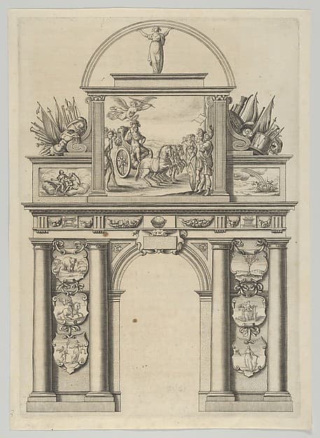 Triumphal arch, from 'Éloges et discours sur la triomphante réception du Roy en sa ville de Paris ...' by Jean-Baptiste de Machault, by Melchior Tavernier
