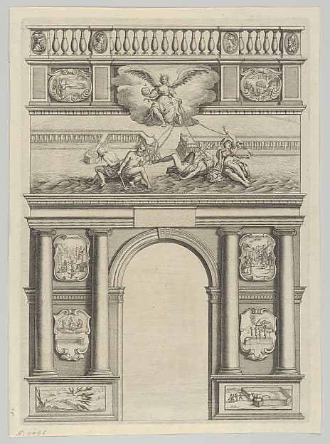 Triumphal arch, from 'Éloges et discours sur la triomphante réception du Roy en sa ville de Paris ...' by Jean-Baptiste de Machault, by Melchior Tavernier