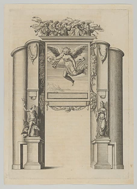 Triumphal arch, from 'Éloges et discours sur la triomphante réception du Roy en sa ville de Paris ...' by Jean-Baptiste de Machault, by Melchior Tavernier
