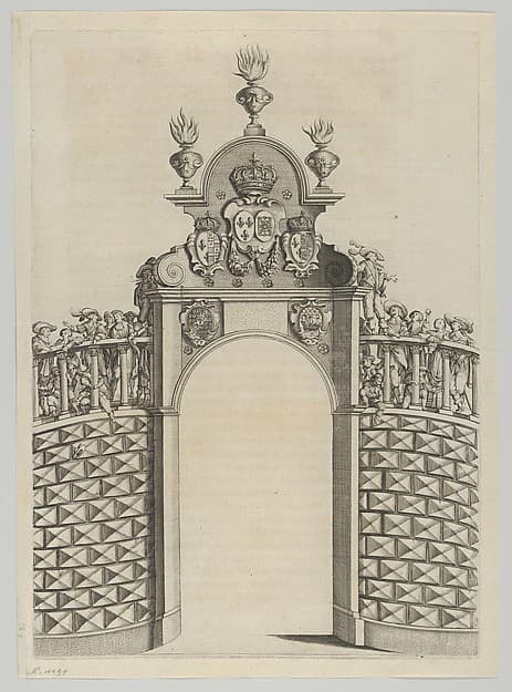 Triumphal arch, from 'Éloges et discours sur la triomphante réception du Roy en sa ville de Paris ...' by Jean-Baptiste de Machault, by Melchior Tavernier