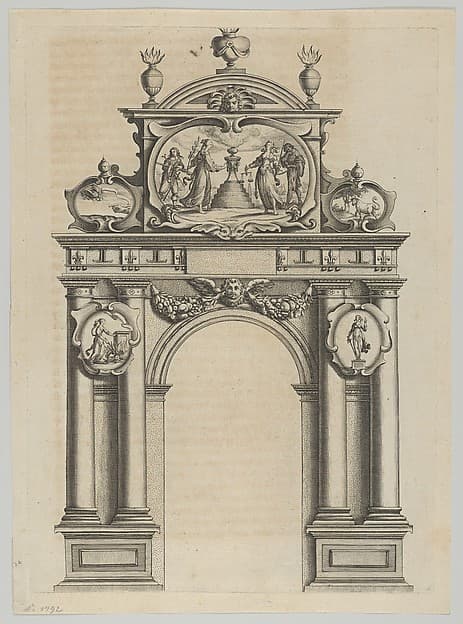 Triumphal arch, from 'Éloges et discours sur la triomphante réception du Roy en sa ville de Paris ...' by Jean-Baptiste de Machault, by Melchior Tavernier
