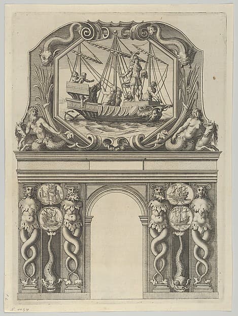 Triumphal arch, from 'Éloges et discours sur la triomphante réception du Roy en sa ville de Paris ...' by Jean-Baptiste de Machault, by Melchior Tavernier
