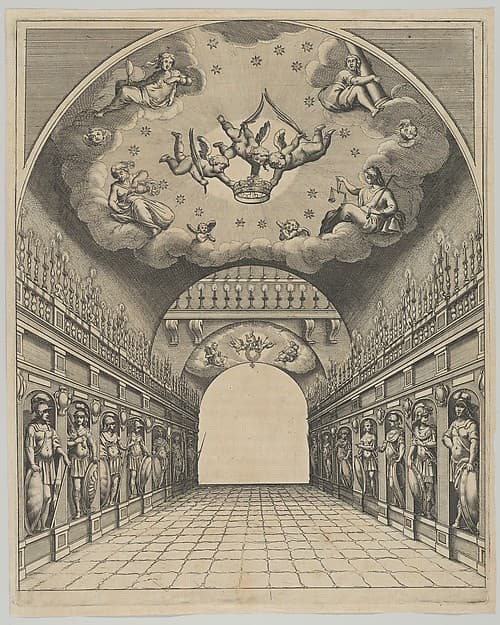 Great hall, from 'Éloges et discours sur la triomphante réception du Roy en sa ville de Paris ...' by Jean-Baptiste de Machault, by Melchior Tavernier