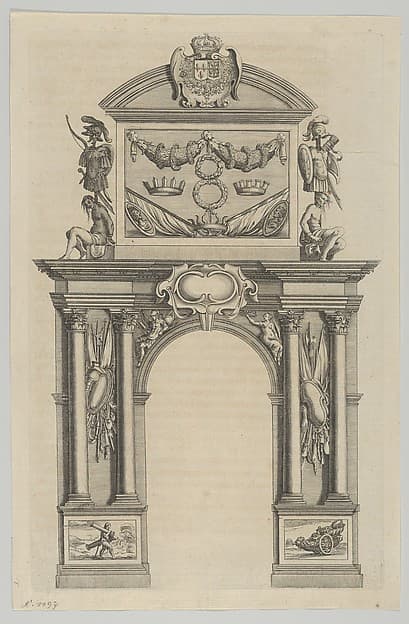 Triumphal arch, from 'Éloges et discours sur la triomphante réception du Roy en sa ville de Paris ...' by Jean-Baptiste de Machault, by Melchior Tavernier