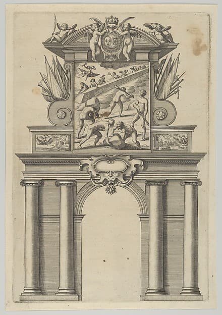 Triumphal arch, from 'Éloges et discours sur la triomphante réception du Roy en sa ville de Paris ...' by Jean-Baptiste de Machault, by Melchior Tavernier