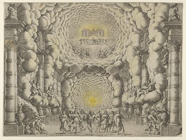 Design for a theater set created by Giacomo Torelli da Fano for the ballet 'Les Noces de Thétis', from 'Décorations et machines aprestées aux nopces de Tétis, Ballet Royal', by Israel Silvestre