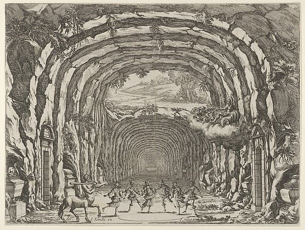 Design for a theater set created by Giacomo Torelli da Fano for the ballet 'Les Noces de Thétis', from 'Décorations et machines aprestées aux nopces de Tétis, Ballet Royal', by Israel Silvestre