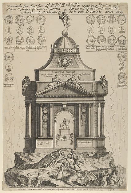 Fireworks celebrating the erection of the Temple of Glory and equestrian statue of Louis le Grand, Paris 1699, by Anonymous, French, 17th century