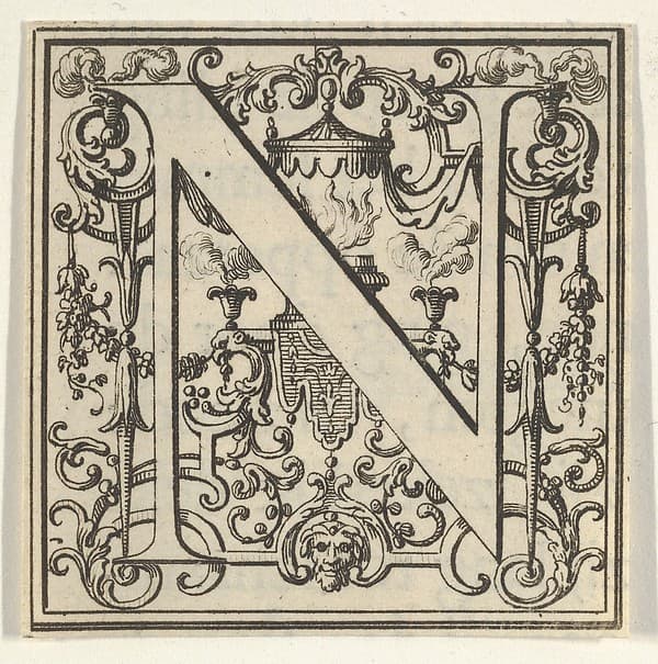 Roman Alphabet letter N with Louis XIV decoration, by Bernard Picart