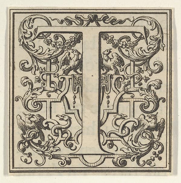 Roman Alphabet letter T with Louis XIV decoration, by Bernard Picart