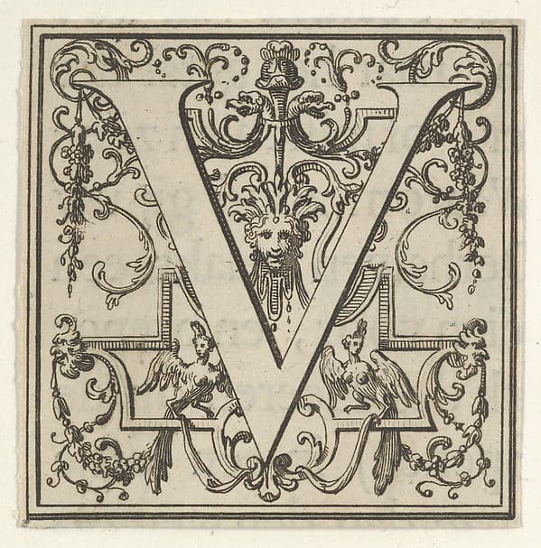 Roman Alphabet letter V with Louis XIV decoration, by Bernard Picart