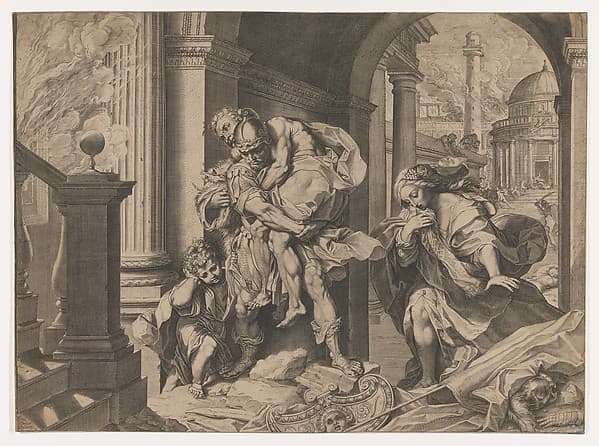 Aeneas and his family fleeing Troy, by Agostino Carracci
