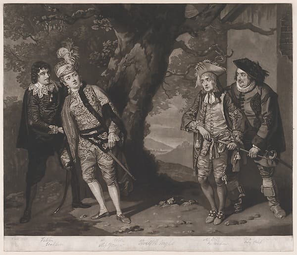 Miss Younge, Mr. Dodd, Mr. Love, and Mr. Waldron, in the Characters of Viola, Sir Andrew Aguecheek, Sir Toby Belch, and Fabian (Shakespeare, Twelfth Night, Act 3, Scene 4), by John Raphael Smith