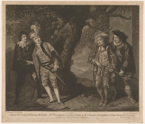 Miss Younge, Mr. Dodd, Mr. Love, and Mr. Waldron, in th Characters of Viola, Sir Andrew Aguecheek, Sir Toby Belch, and Fabian (Shakespeare, Twelfth Night, Act 3, Scene 4), by John Raphael Smith