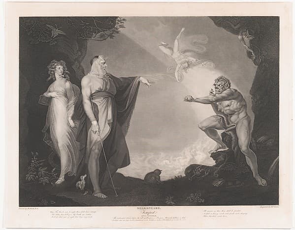 The Enchanted Island Before the Cell of Prospero - Prospero, Miranda, Caliban and Ariel (Shakespeare, The Tempest, Act 1, Scene 2), by Peter Simon